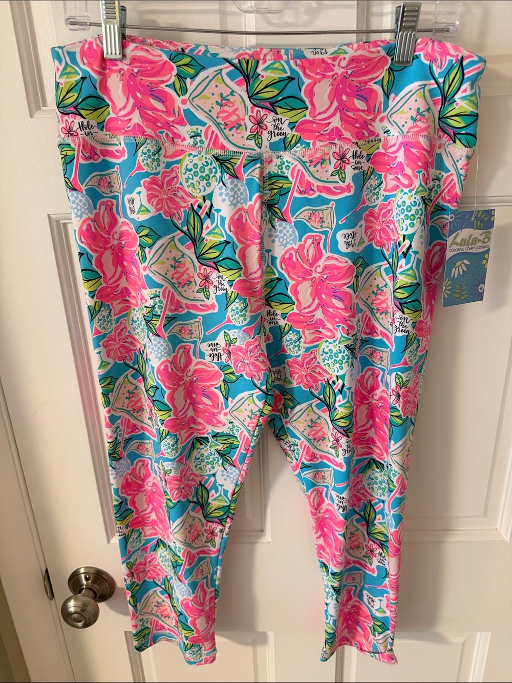 NWT Lulu-B 19th Hole Tropical Floral Cropped Leggings Pink Blue Size Golf Large